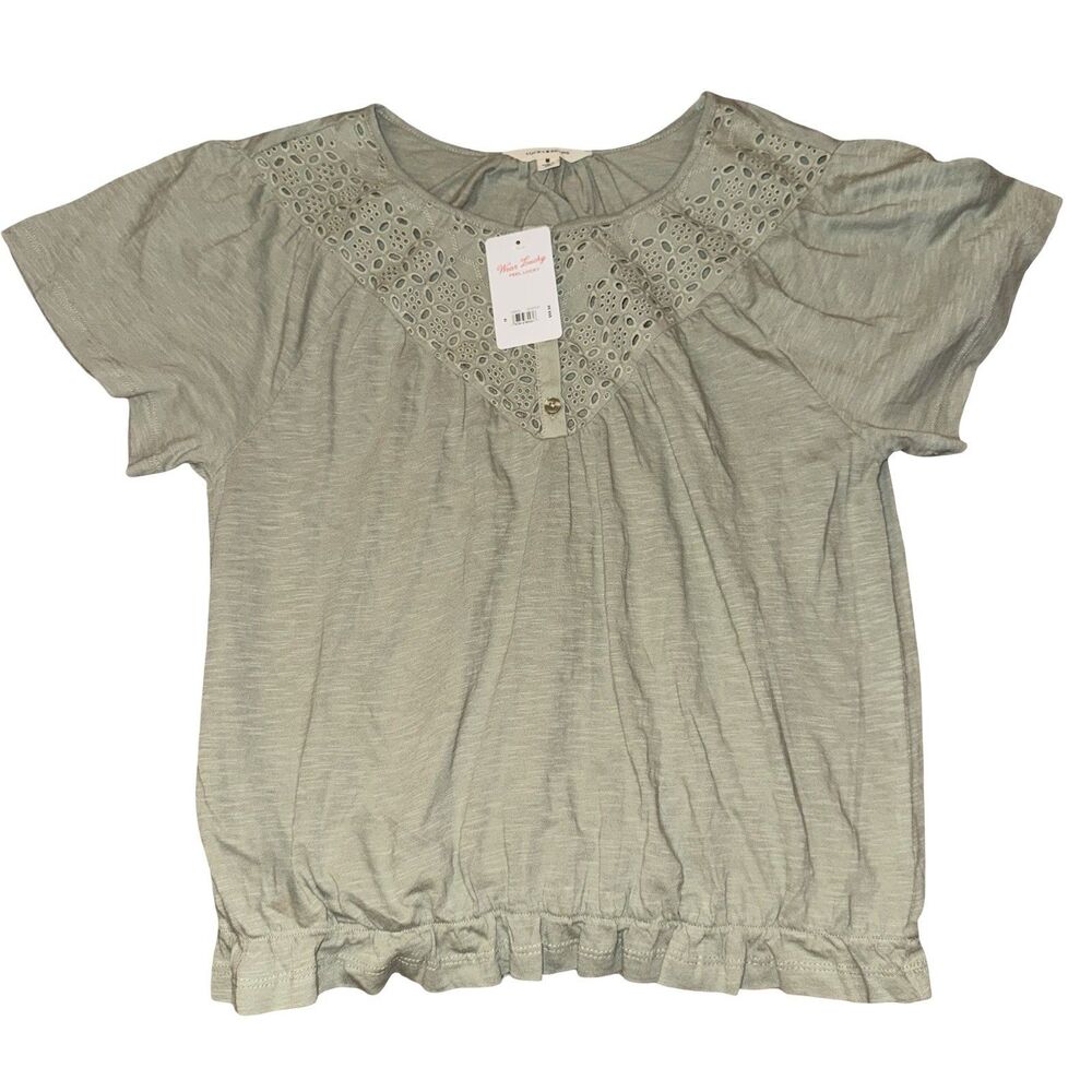 NWT Lucky Brand Top Medium Blouse Green Cotton Lace Short Sleeve Peasant Boho - Picture 6 of 14